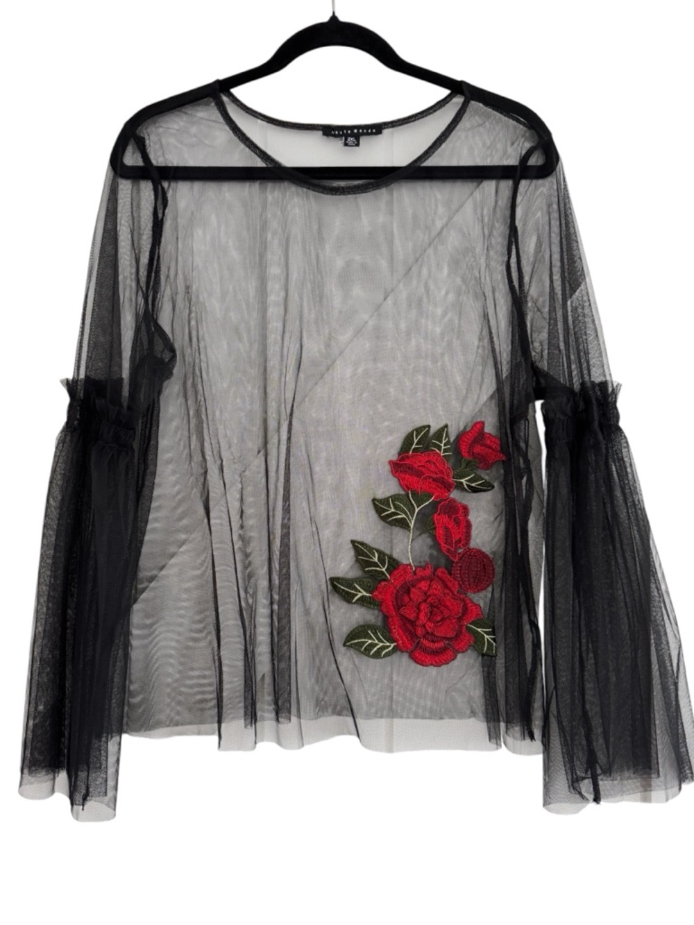 Haute Monde Black Sheer Mesh Top Rose Embroidery With Wide Bell Sleeve Size 2XL